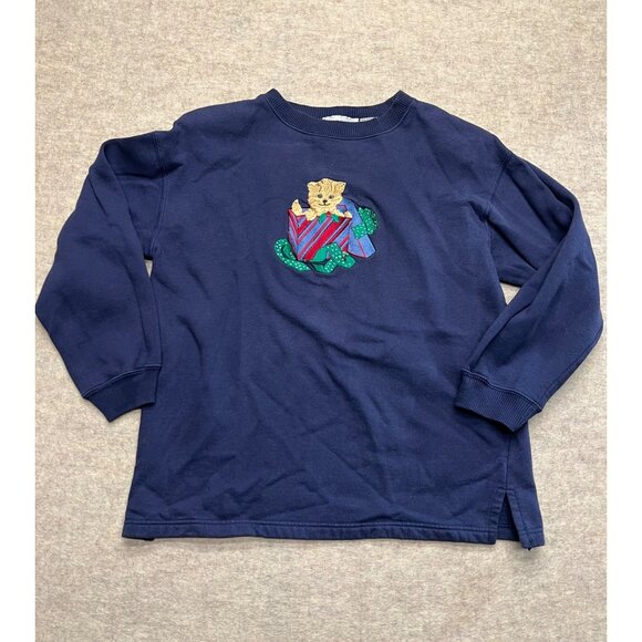 Vintage 90s Casual Corner Holiday Kitten Crewneck Sweatshirt Large Christmas Cat - Picture 1 of 8